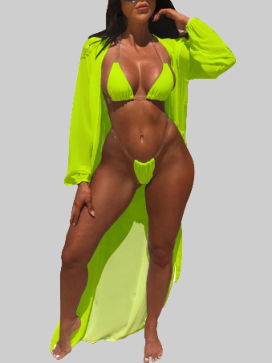 Lovely Hollow-out Yellow Two-piece Swimwear(With Cover-up)