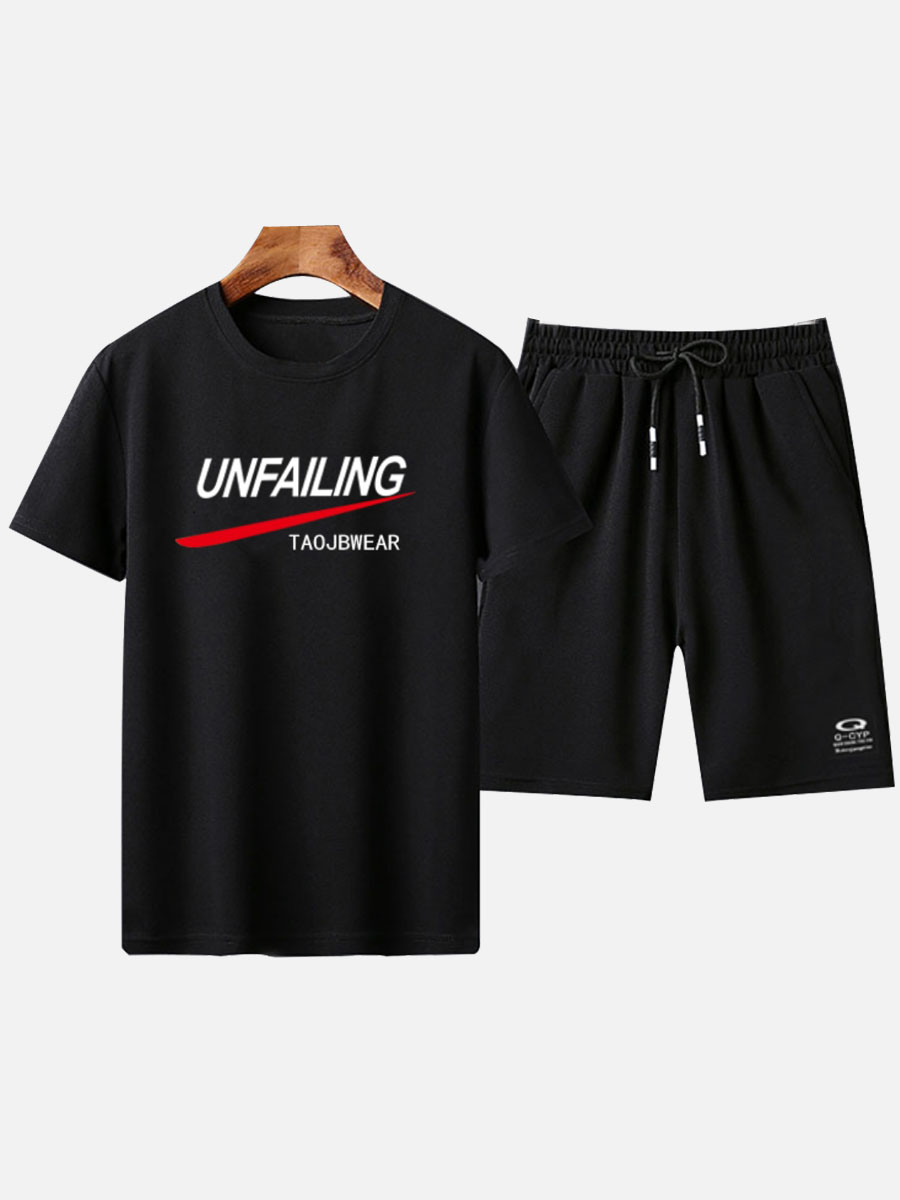 

Lovely Men Casual O Neck Letter Print Black Two Piece Shorts Set
