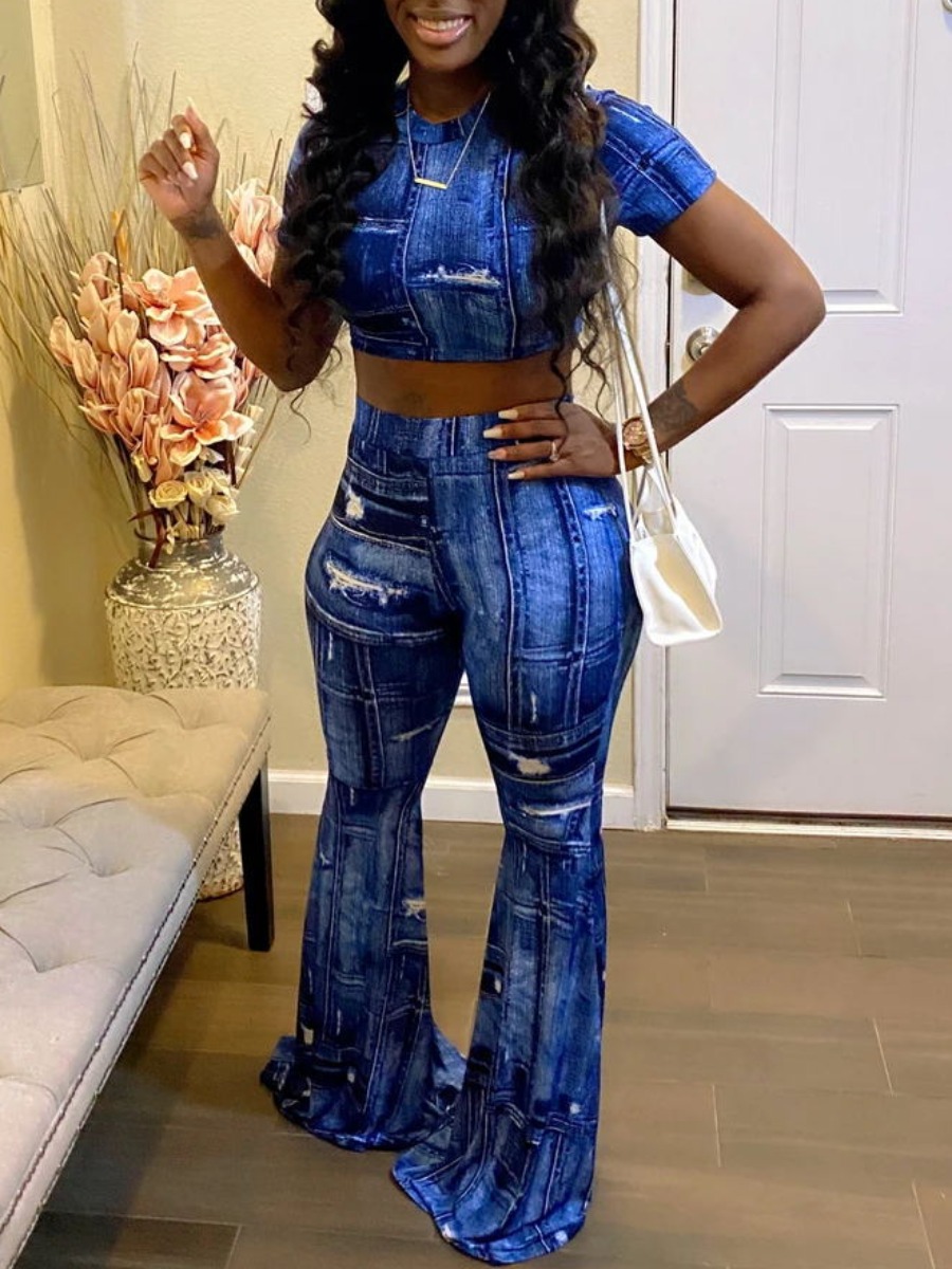 

Lovely Street O Neck Print Flared Blue Two Piece Pants Set
