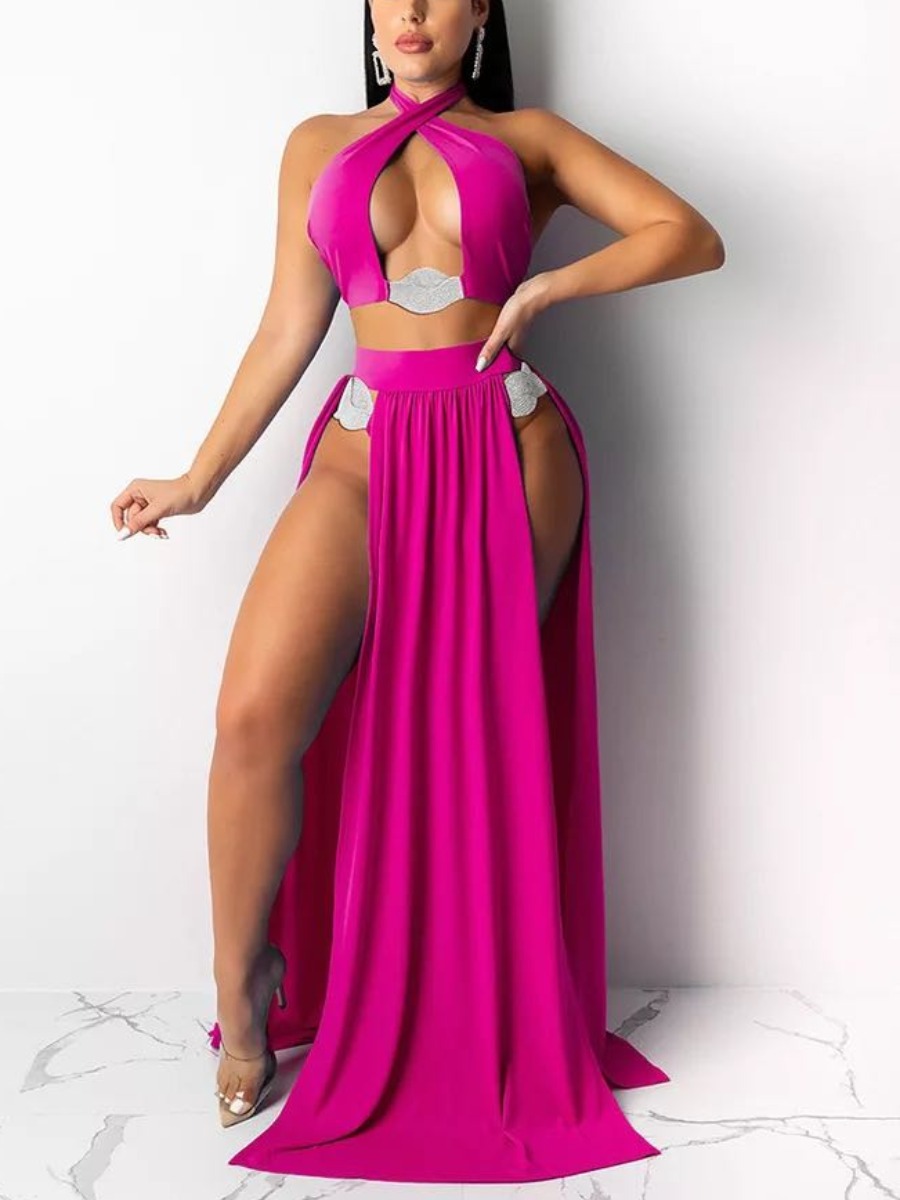 

Lovely Sexy Hollow-out Split Ruffle Design Red Three-piece Cover-up, Rose red