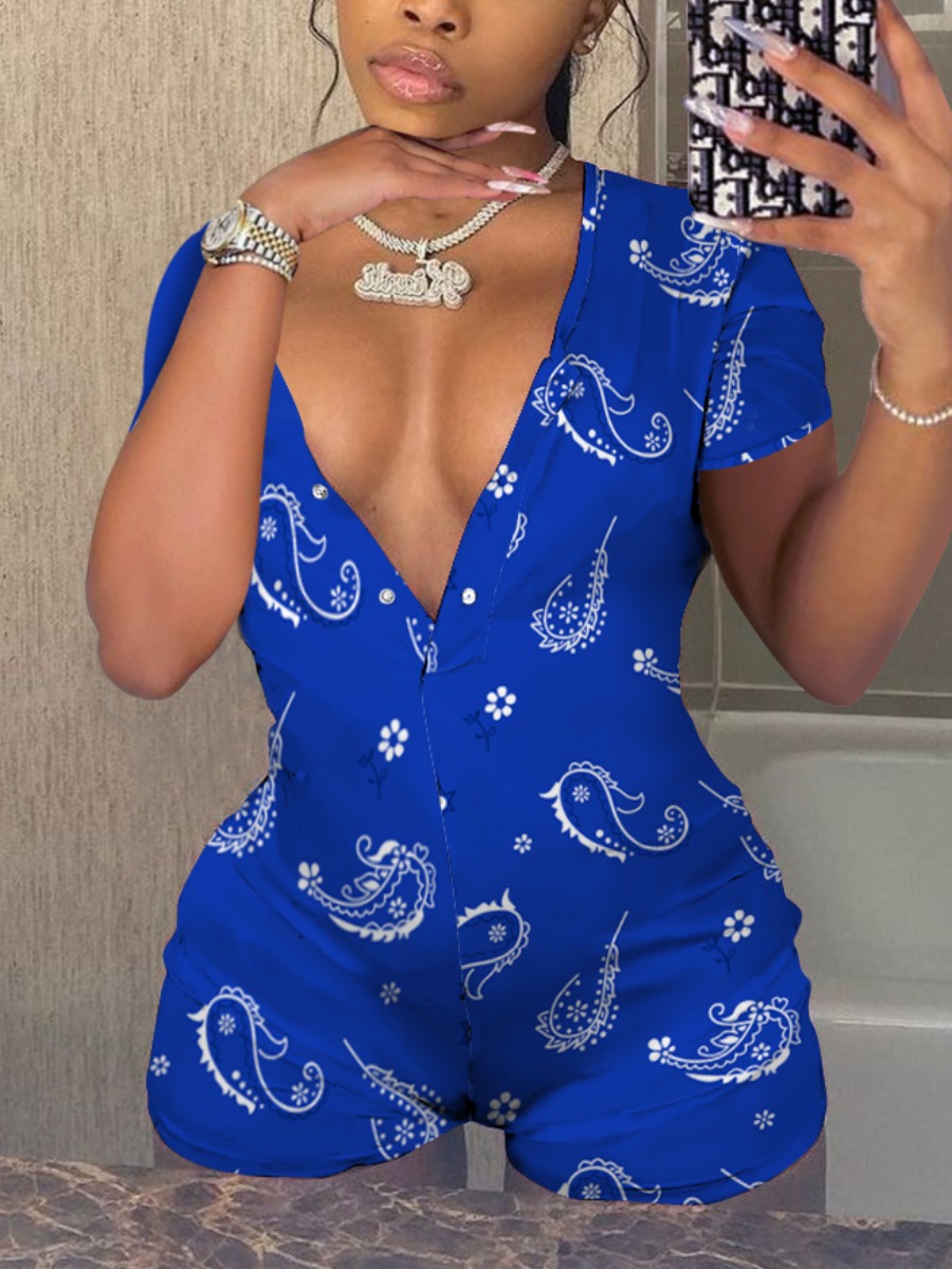

LW BASICS Sweet Cashew Print Button Design Blue One-piece Romper