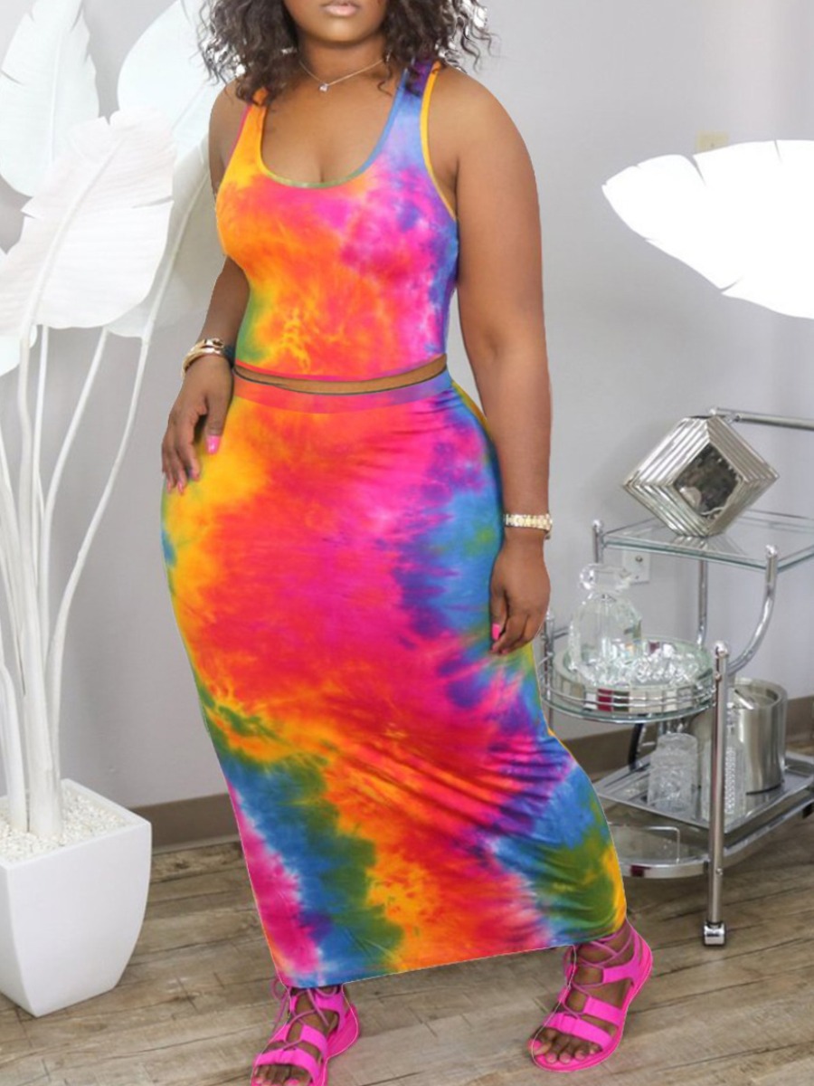 

LW Plus Size Casual U Neck Tie-dye Red Two-piece Skirt Set