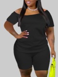 LW Plus Size Casual Boat Neck Elastic Black Two-piece Shorts Set