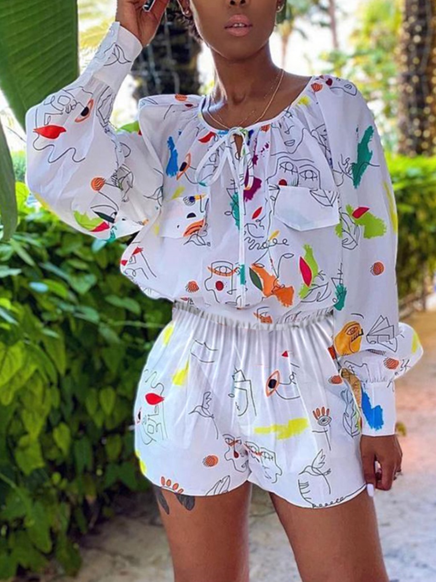 

Lovely Street Graffiti Print Ruffle Design White One-piece Romper