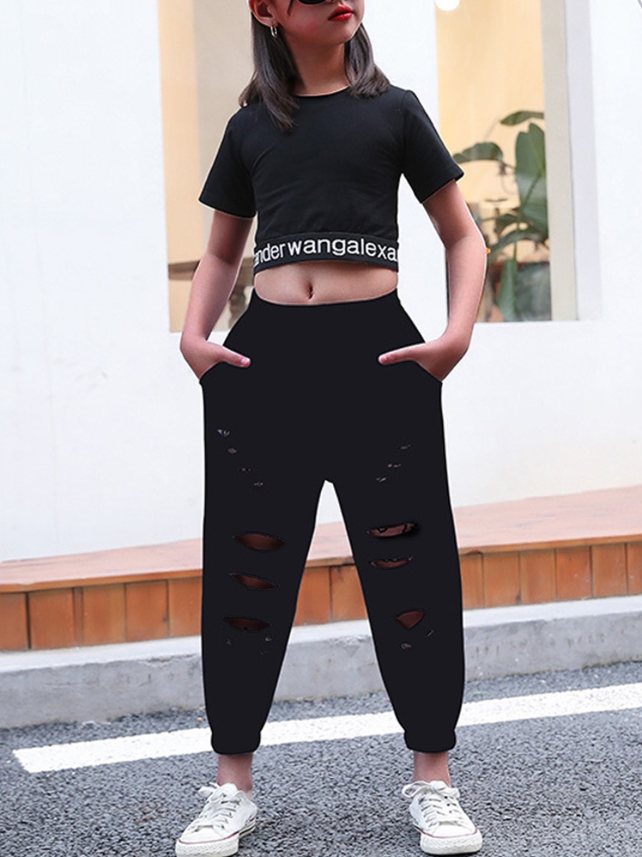 

Lovely Girl Letter Print Ripped Black Two Piece Pants Set