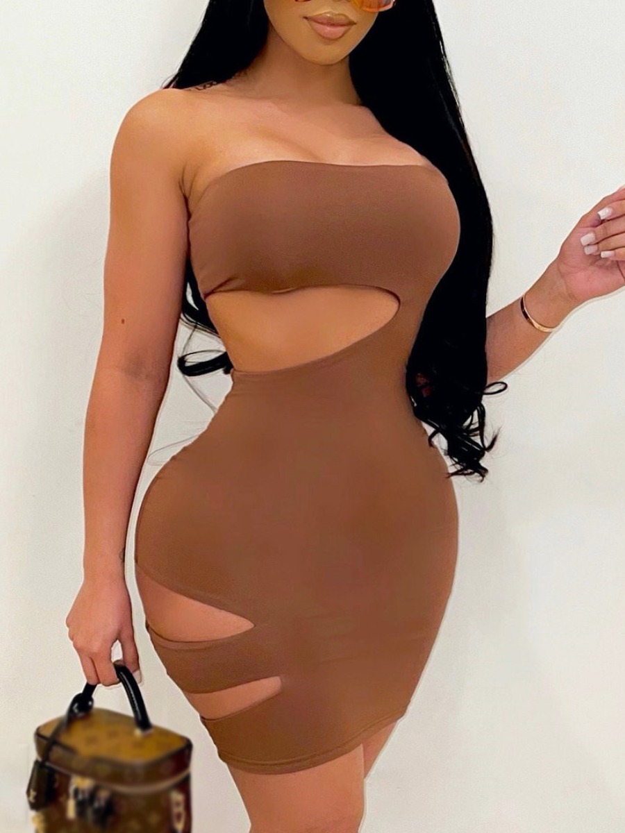

LW SXY Off The Shoulder Hollow-out Brown Mini Dress