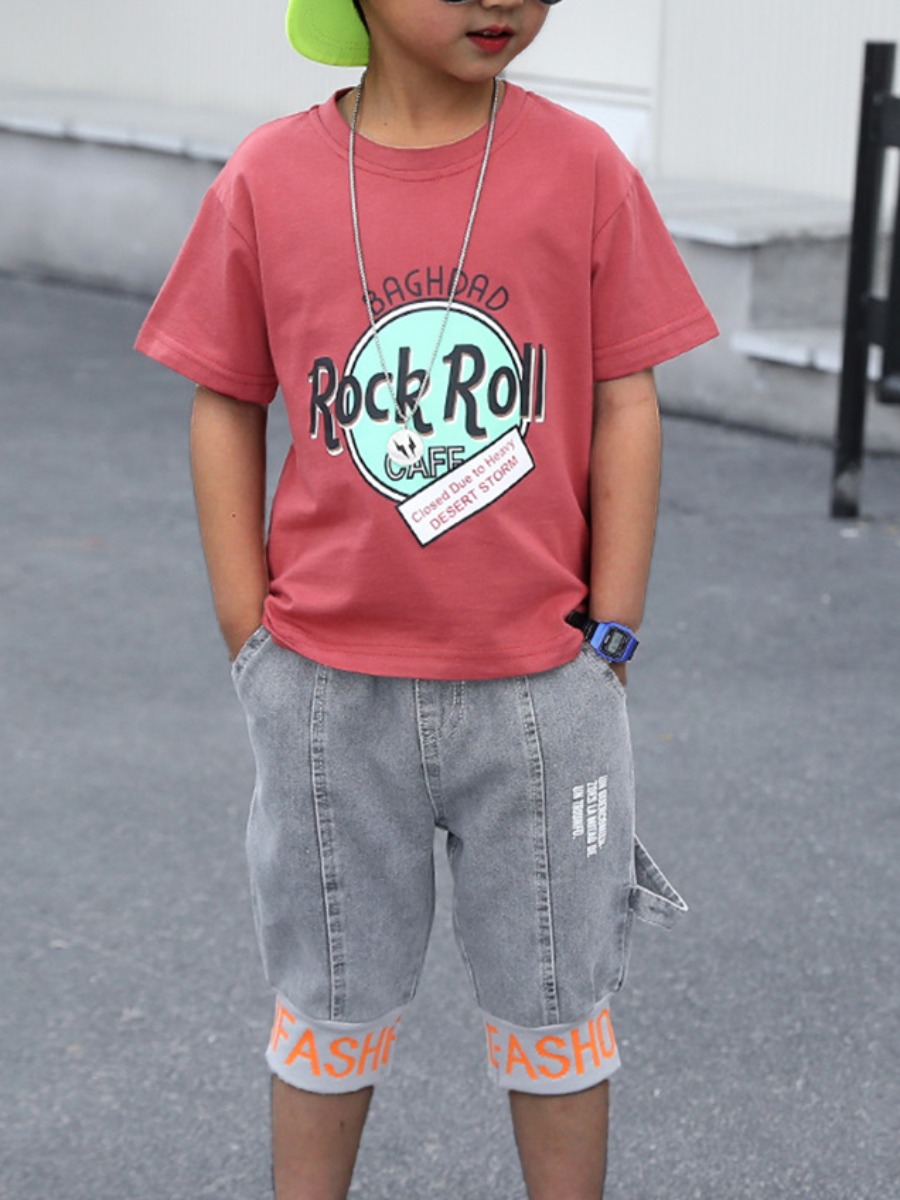 

Lovely Boy Street O Neck Letter Print Brick Red Two Piece Shorts Set