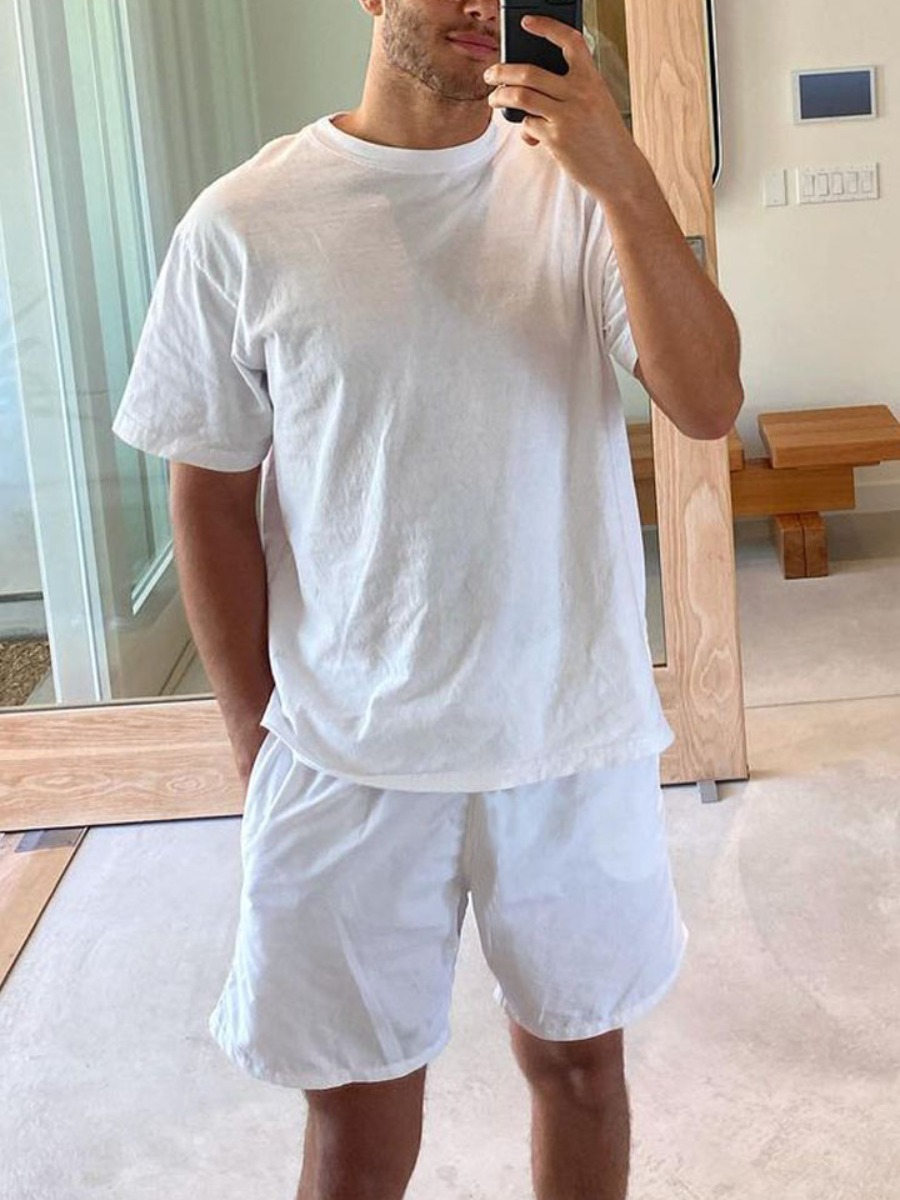 

Lovely Men Casual O Neck Basic White Two Piece Shorts Set