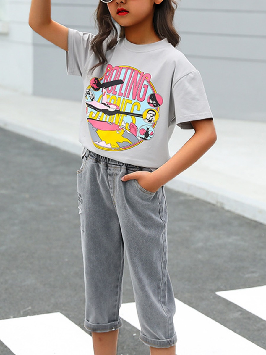 

Lovely Girl Casual O Neck Graffiti Print Grey Two Piece Pants Set