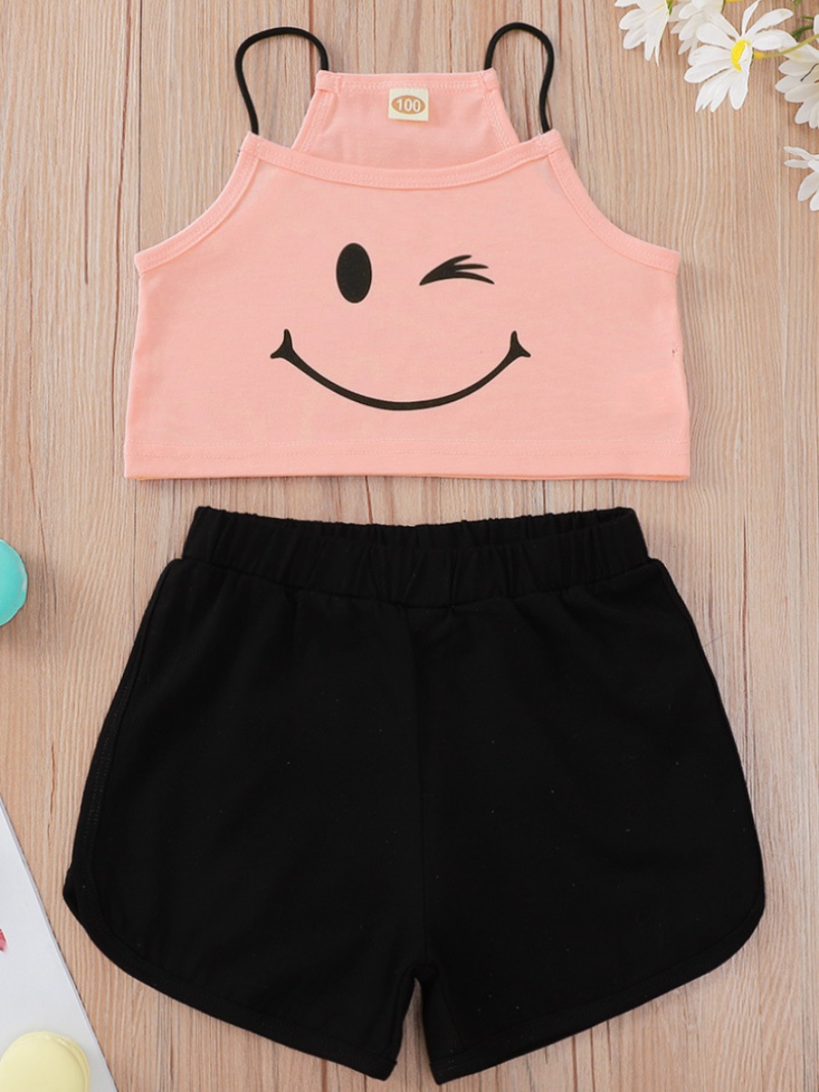 

Lovely Girl Casual U Neck Smiley Face Print Pink Two Piece Shorts Set