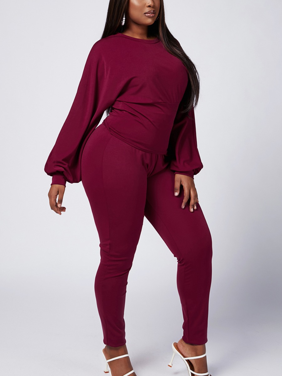 

Lovely Casual O Neck Fold Design Wine Red Plus Size Two-piece Pants Set