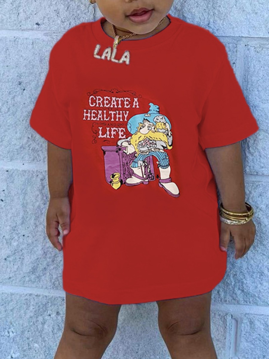 

Lovely Girl Casual O Neck Cartoon Letter Print Red T-shirt