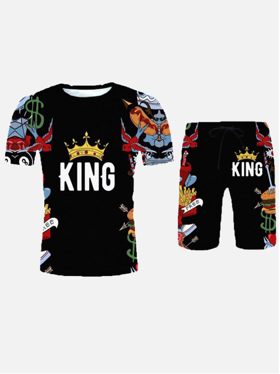 

LW Men Casual O Neck Crown Letter Print Black Two Piece Shorts Set