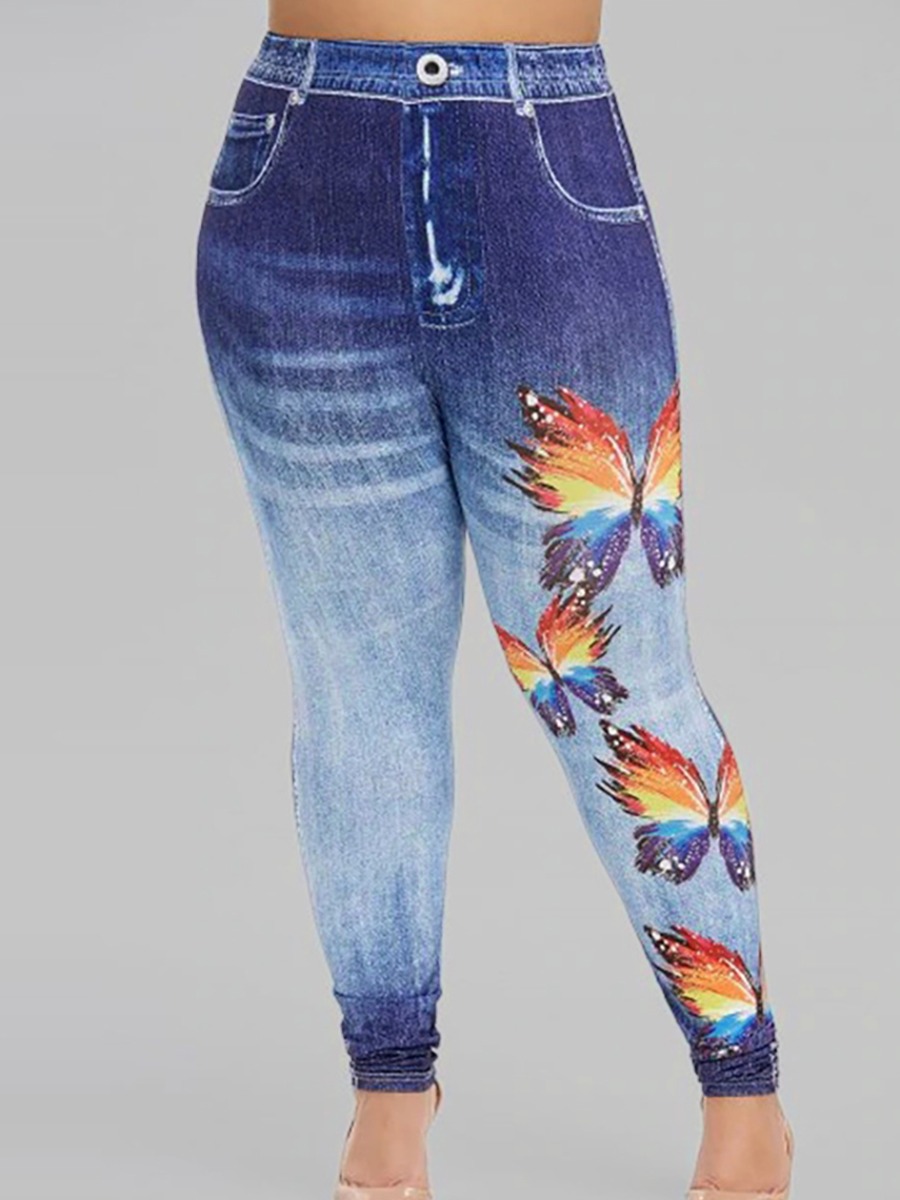 

Lovely Casual High-waisted Butterfly Print Blue Plus Size Pants