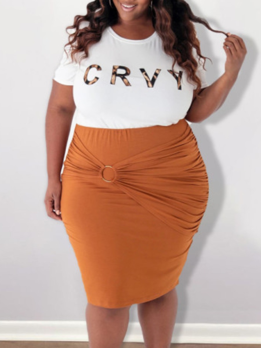 

Lovely Plus Size Street Letter Print Metal Ring Decoration Orange Two-piece Skirt Set