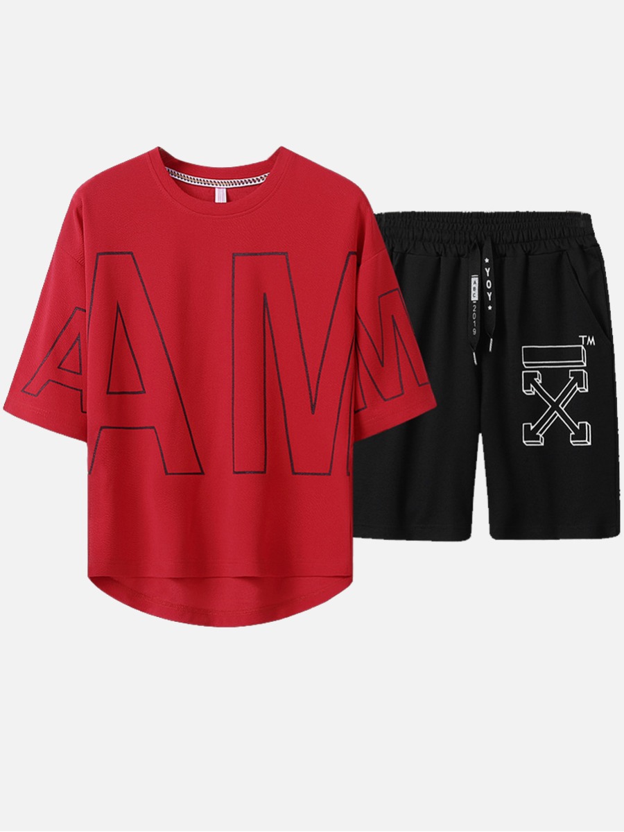 

Lovely Men Casual Letter Print Drawstring Red Two Piece Shorts Set