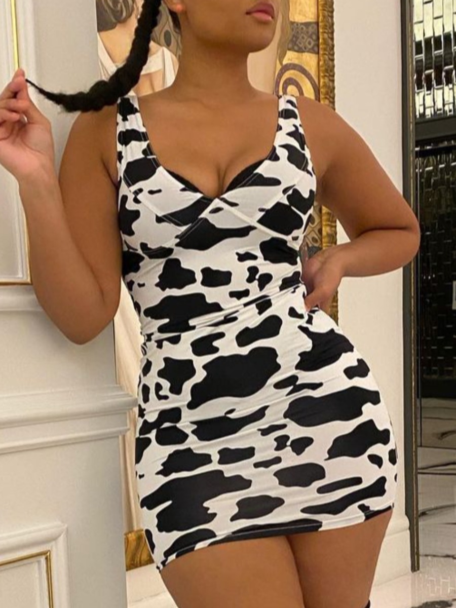 

Lovely Street V Neck Animal Print White Mini Dress