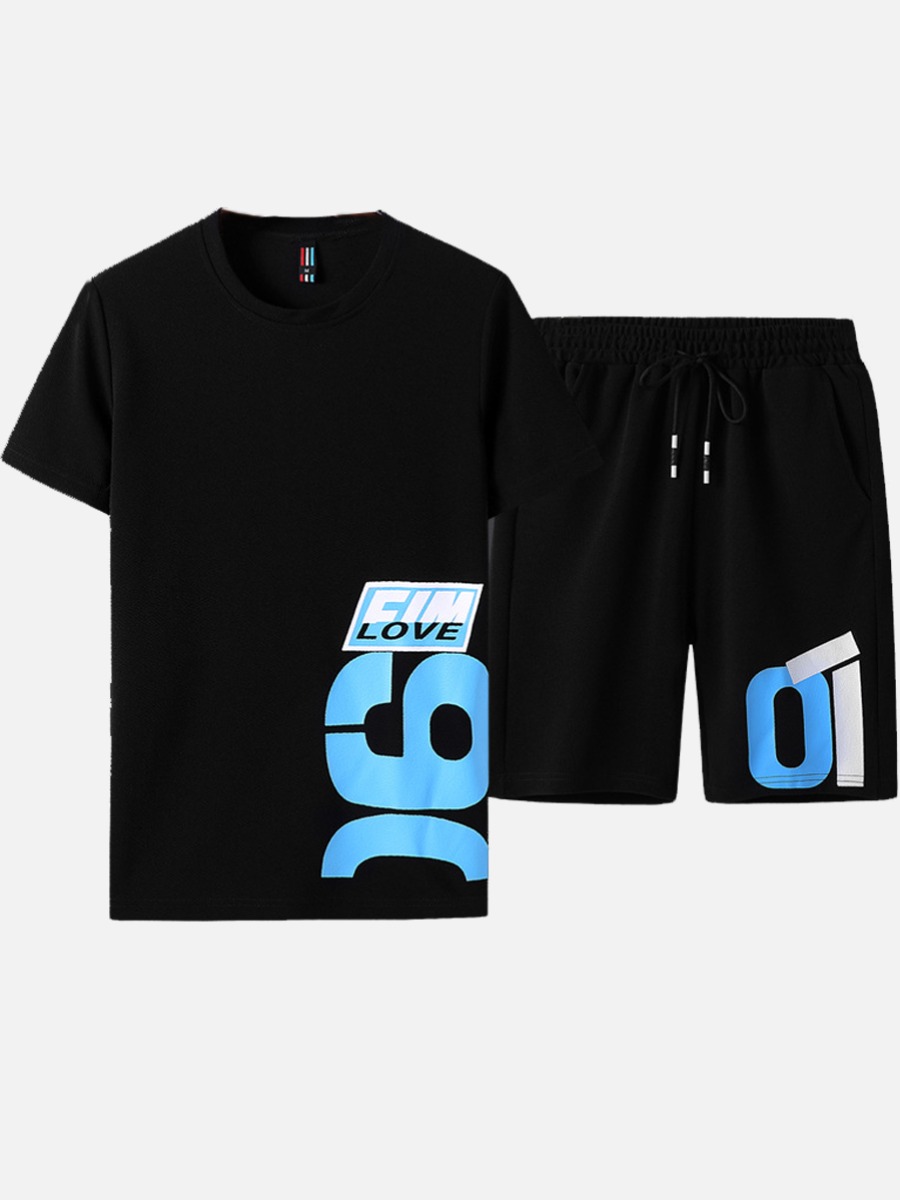 

Lovely Men Casual Letter Print Drawstring Black Two Piece Shorts Set