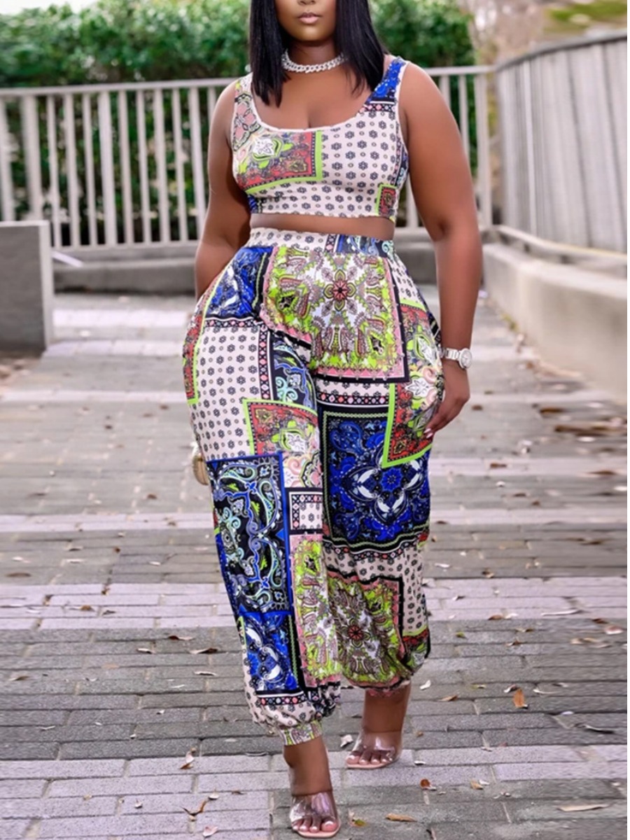 

Lovely Street Print Patchwork Multicolor Two Piece Pants Set, Multi