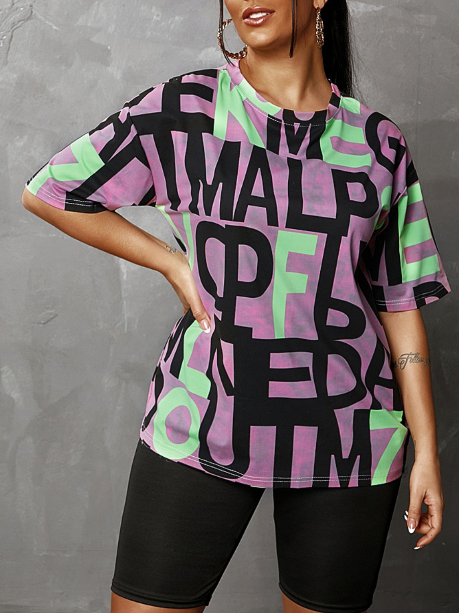 

Lovely Street Letter Print Patchwork Purple T-shirt