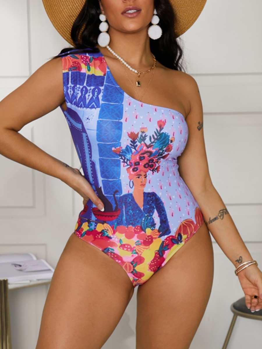 

Lovely Boho One Shoulder Floral Print Blue One-piece Swimsuit