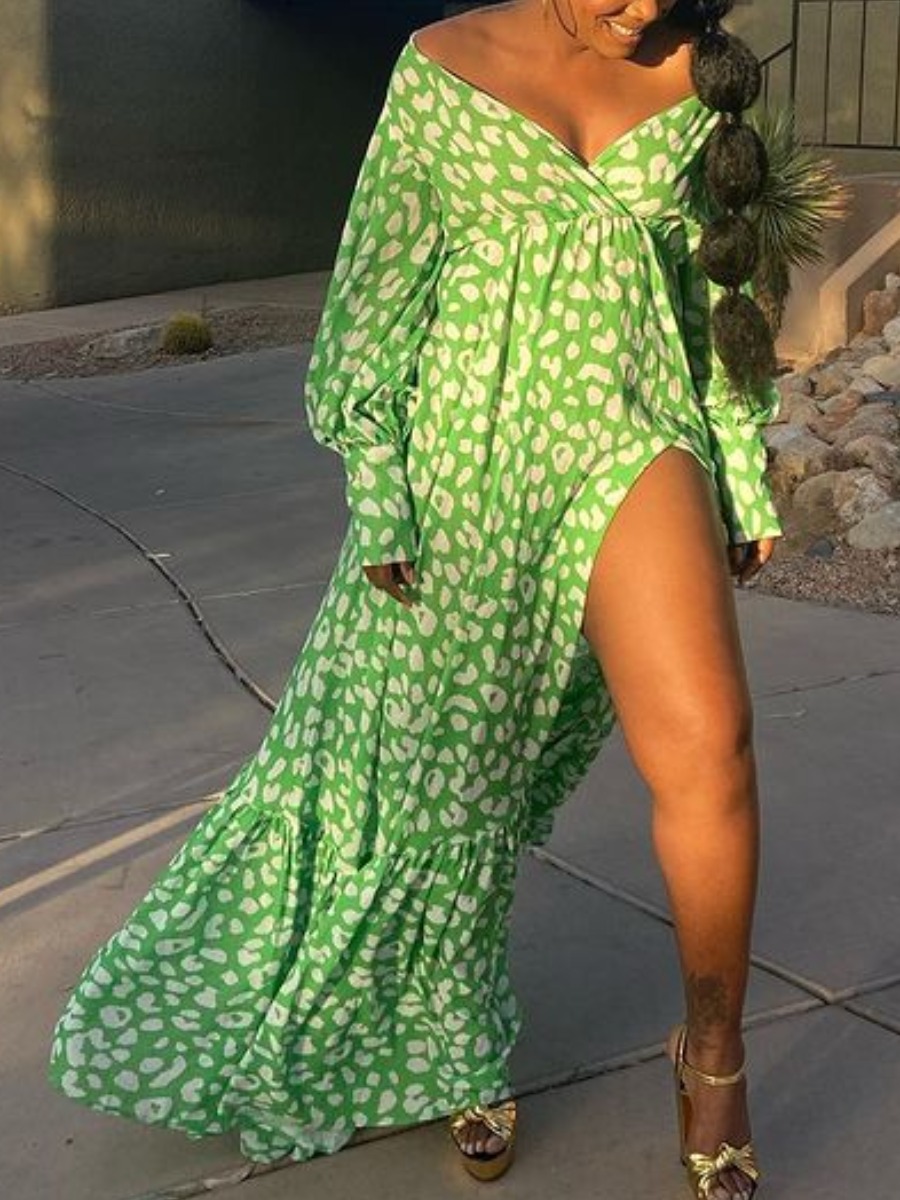 

Lovely Boho Leopard Print Ruffle Design Split Green Ankle Length Dress