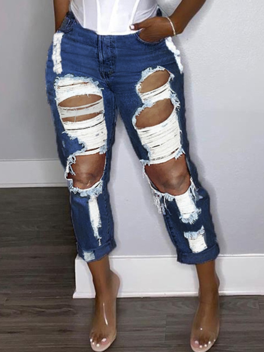 

Lovely Plus Size Street High-waisted Ripped Deep Blue Jeans