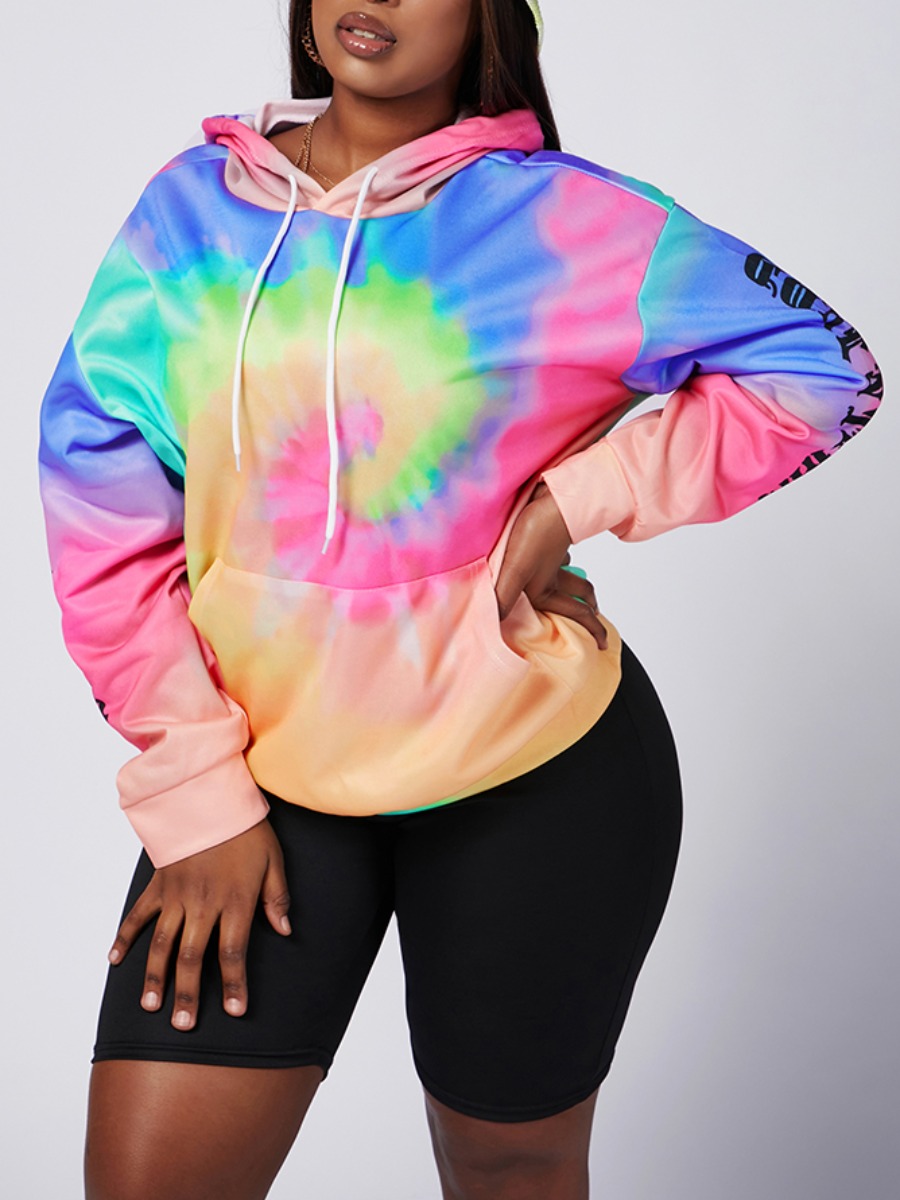 

Lovely Street Hooded Collar Tie-dye Letter Print Yellow Plus Size Hoodie