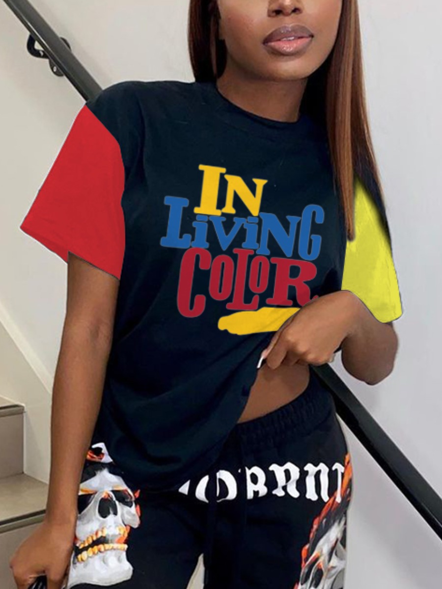 

Lovely Street Letter Print Patchwork Black T-shirt
