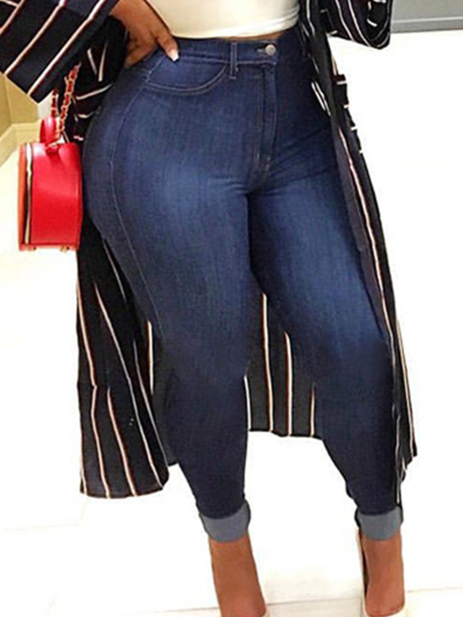 

Lovely Plus Size Street High-waisted Elastic Deep Blue Jeans
