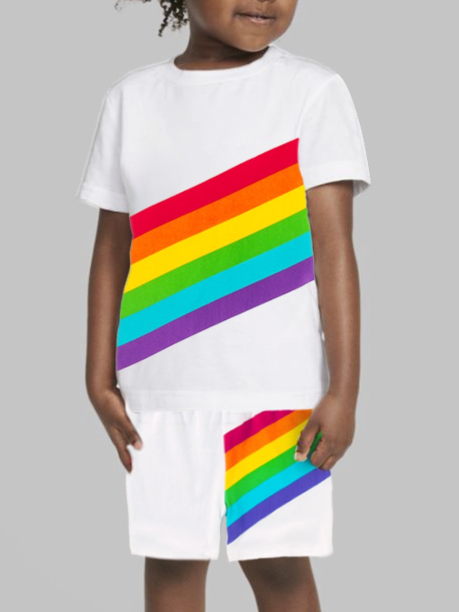 

Lovely Boy Sporty O Neck Rainbow Stripe White Two Piece Shorts Set