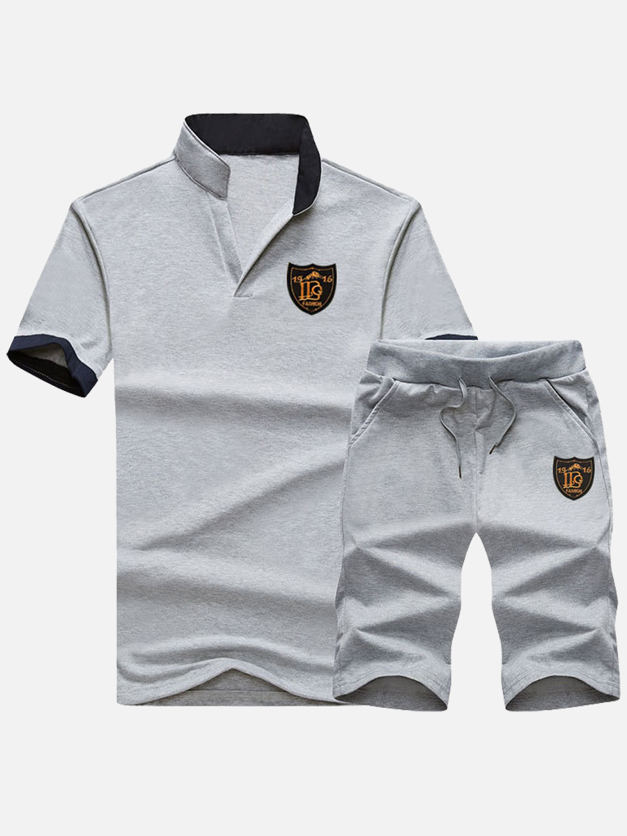 

Lovely Men Sporty Mandarin Collar Print Drawstring Grey Two Piece Shorts Set