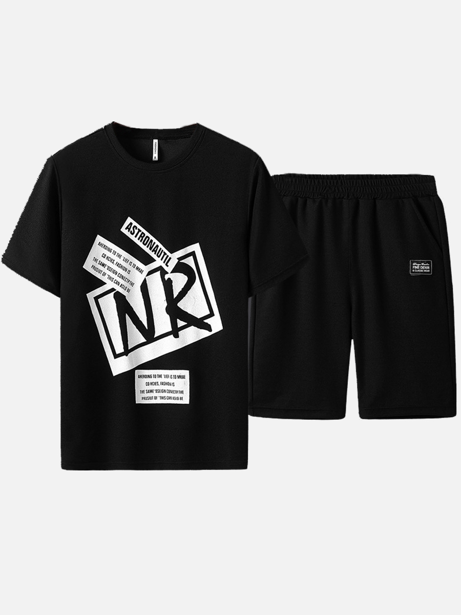 

Lovely Men Casual O Neck Letter Print Black Two Piece Shorts Set