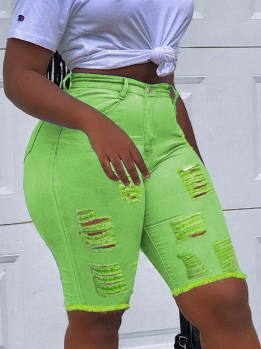 

Lovely Street High-waisted Ripped Green Plus Size Denim Shorts