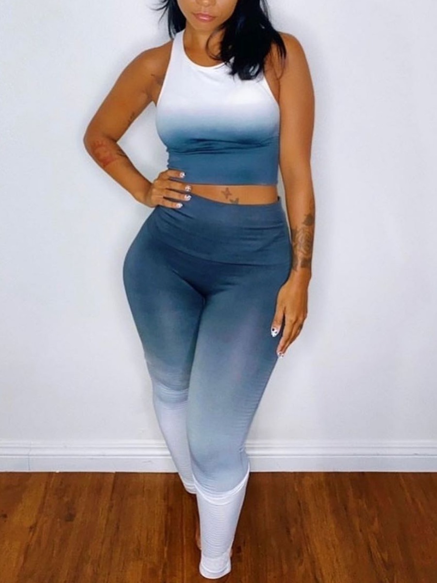 

Lovely Sporty O Neck Gradient Blue Two Piece Pants Set