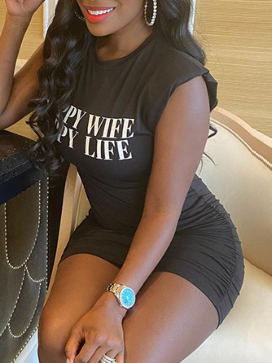 

Lovely Street O Neck Letter Print Black Mini Dress
