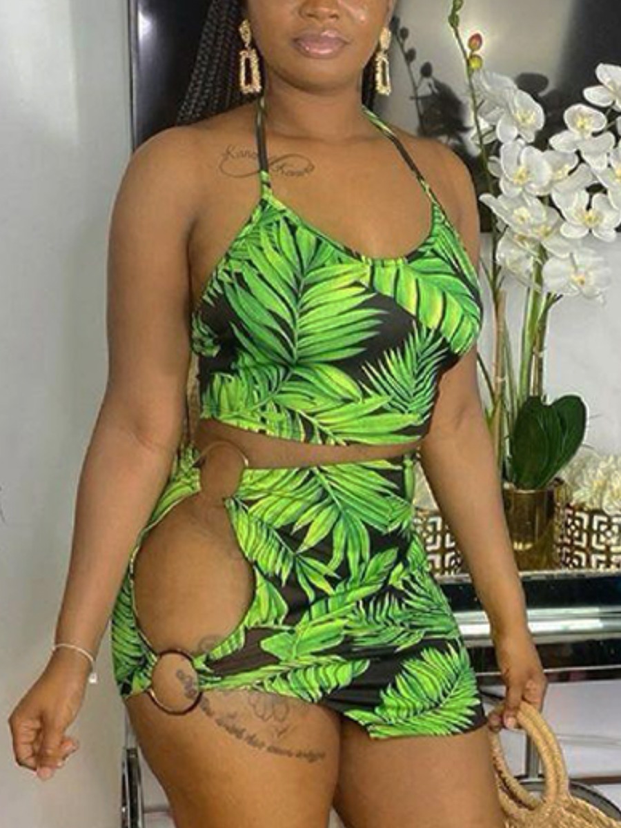 

Lovely Boho Leaf Print Metal Ring Decoration Green Two Piece Skirt Set