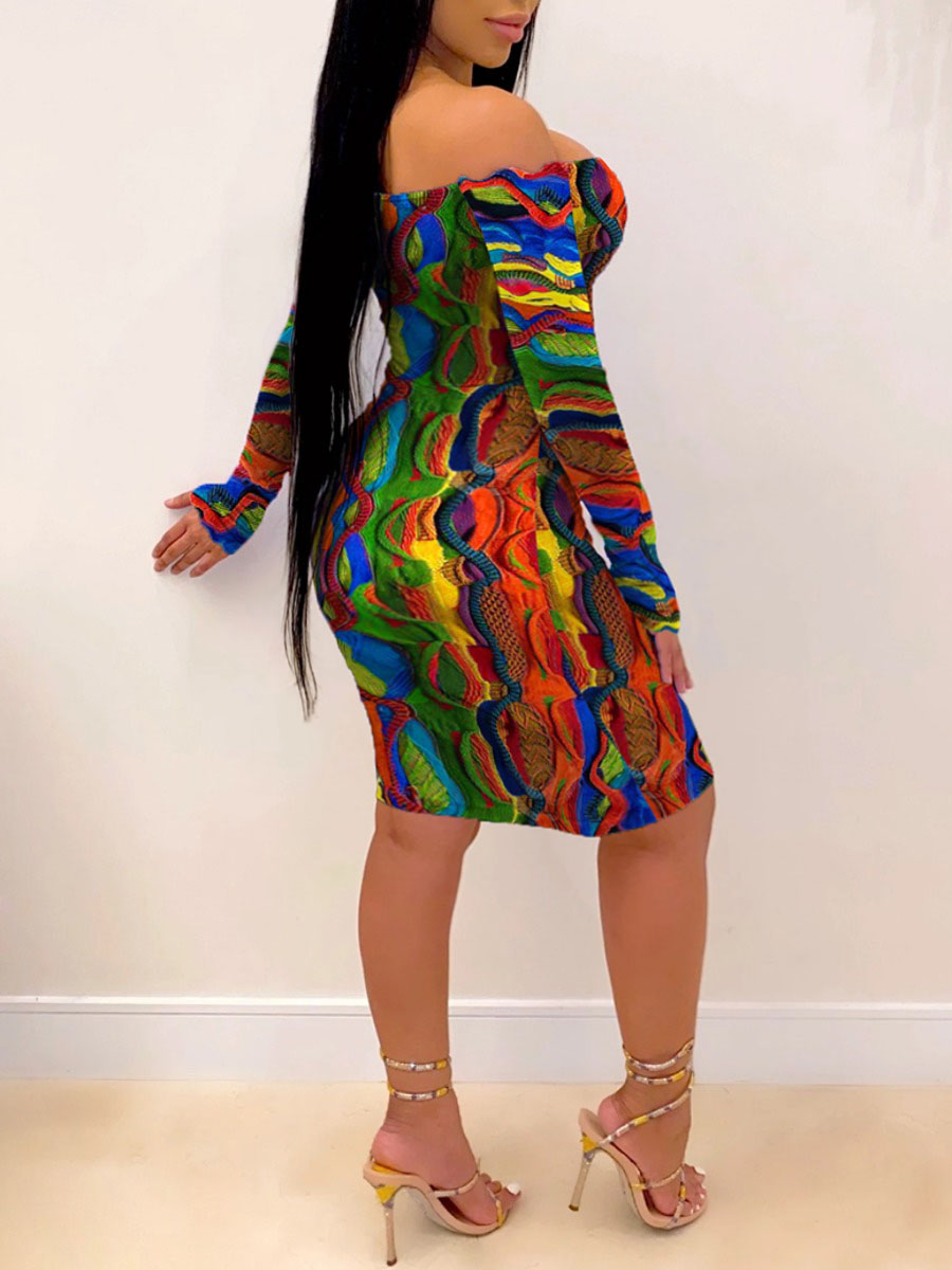 LW SXY Plus Size Off The Shoulder Mixed Print Bodycon Dress