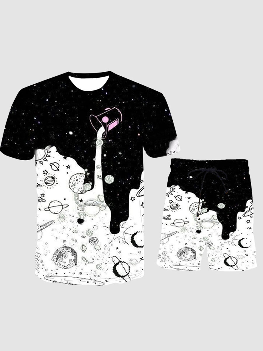 

LW Men Casual Milk Print Drawstring Black Two Piece Shorts Set