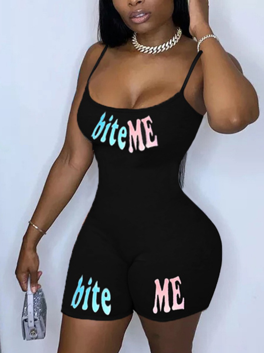 

Lovely Street U Neck Letter Print Black One-piece Romper