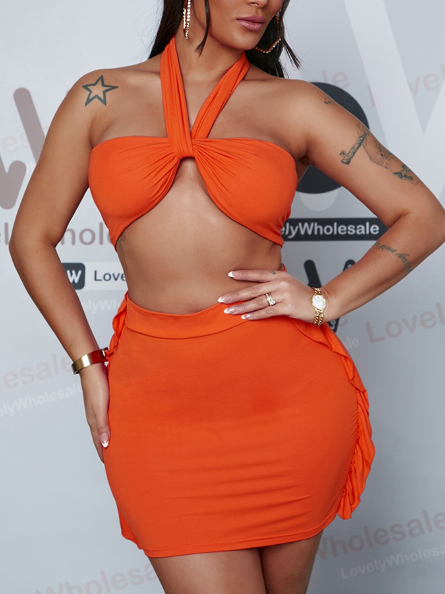 

Lovely Sexy Bandage Flounce Design Orange Two Piece Skirt Set