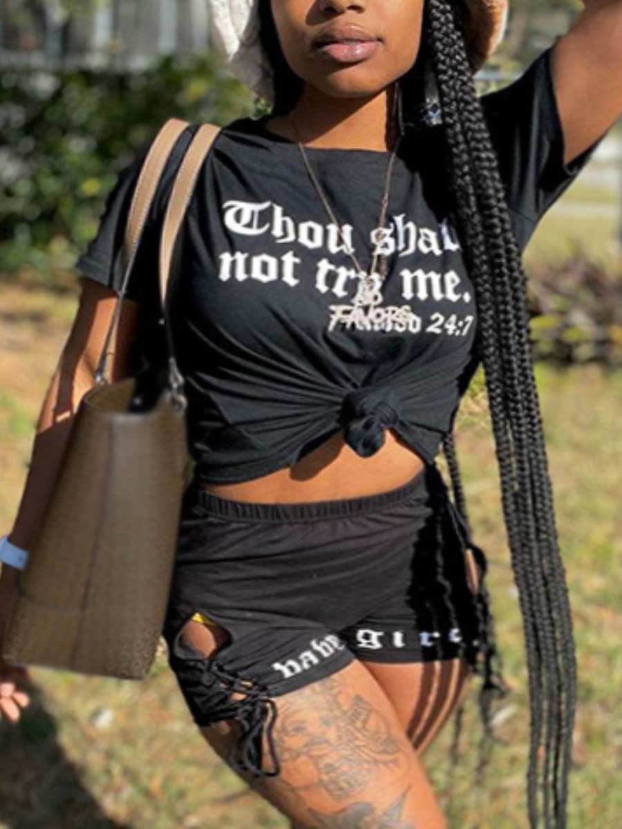

Lovely Street Letter Print Drawstring Black Two Piece Shorts Set