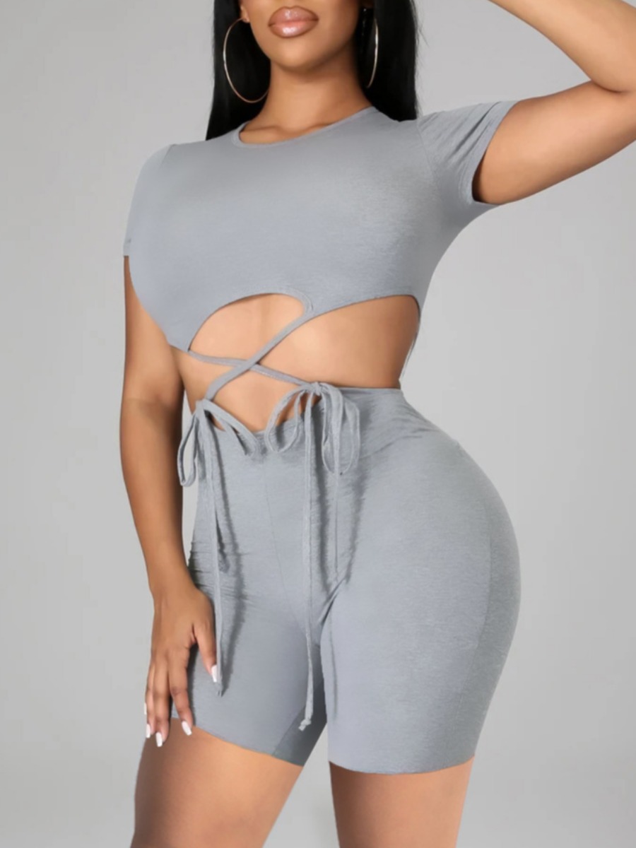 

Lovely Casual Bandage Hollow-out Design Grey One-piece Romper