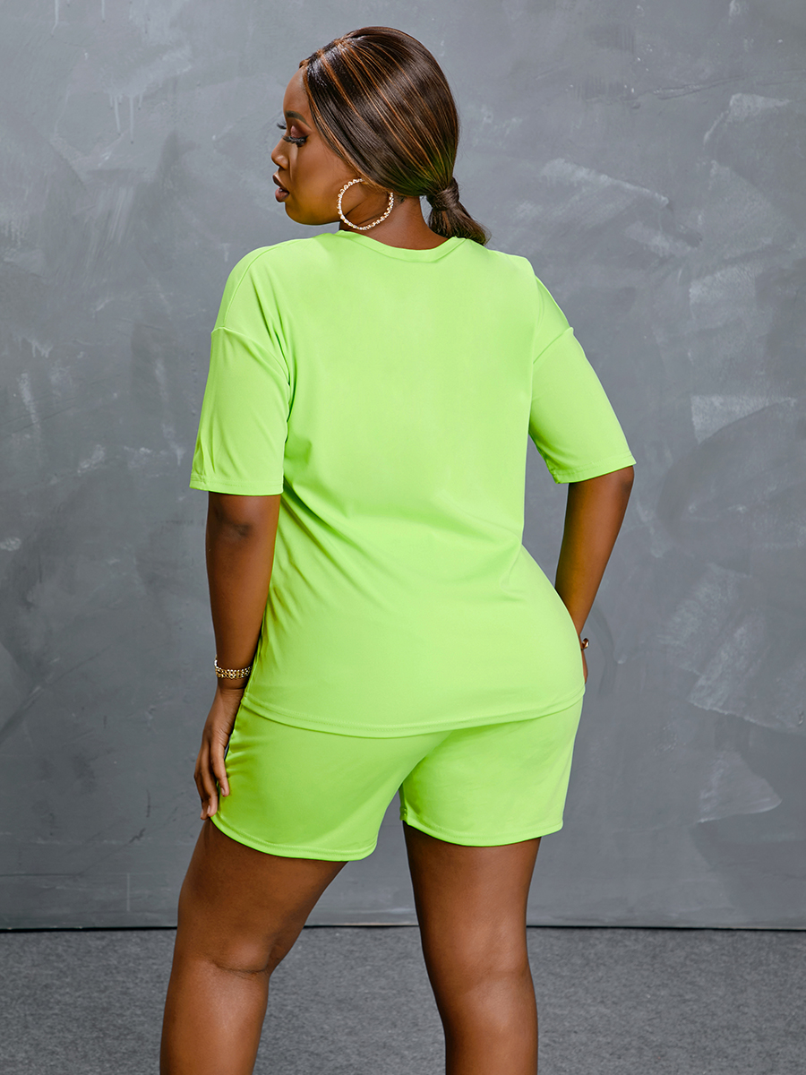 Lovely Sporty O Neck Letter Print Green Plus Size Two-piece Shorts Set 3X