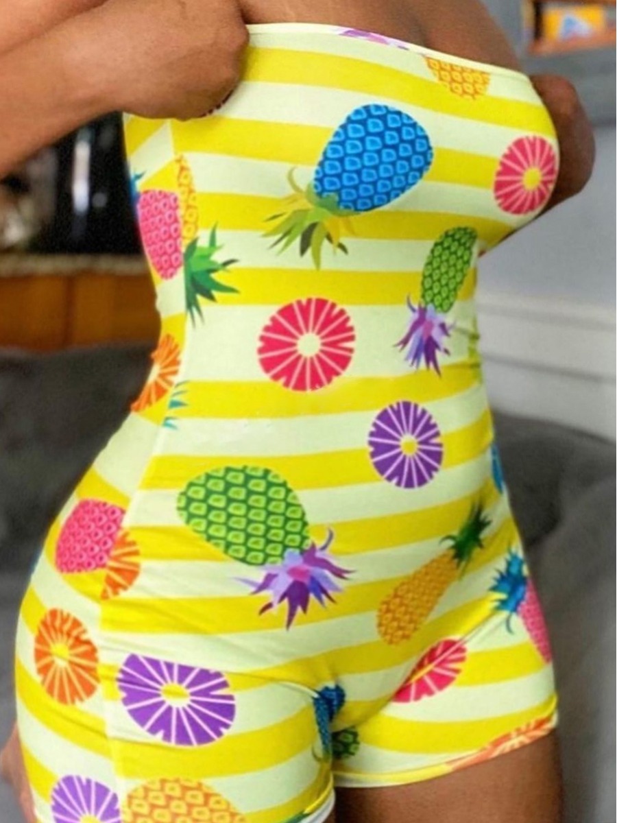 

Lovely Sexy Off The Shoulder Fruit Print Yellow Plus Size One-piece Romper