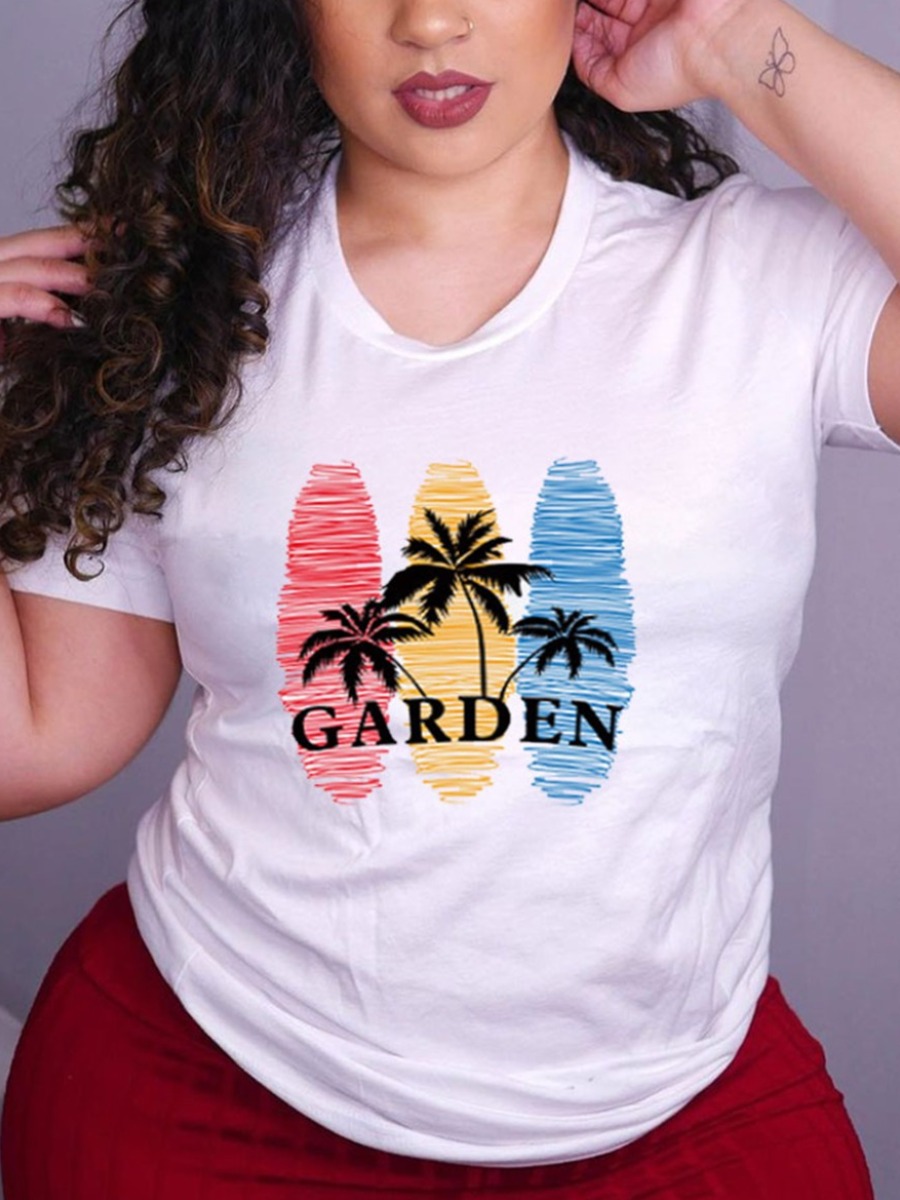 

Lovely Casual Palm Tree Letter Print White Plus Size T-shirt