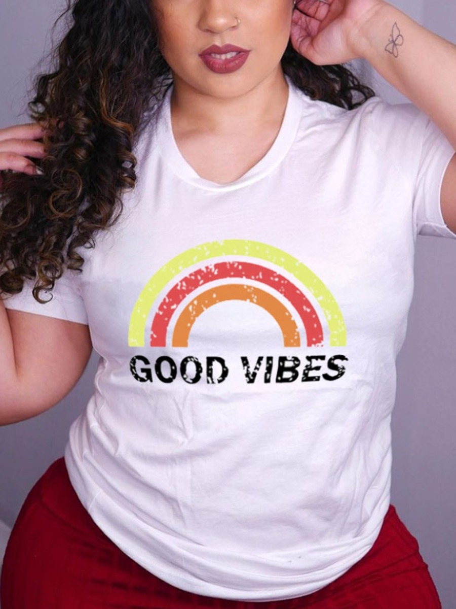 

Lovely Casual Rainbow Letter Print White Plus Size T-shirt