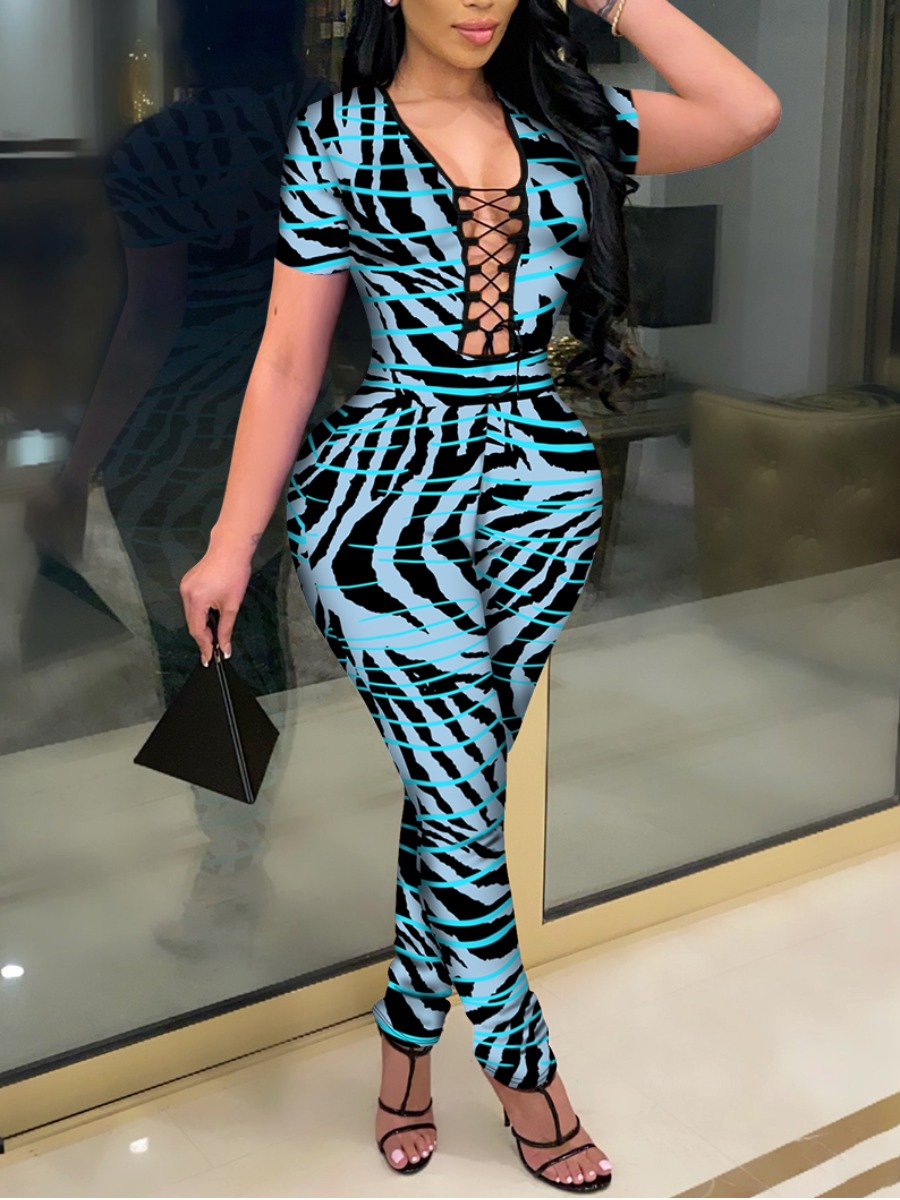 

Lovely Sexy Animal Print Bandage Hollow-out Design Baby Blue One-piece Jumpsuit