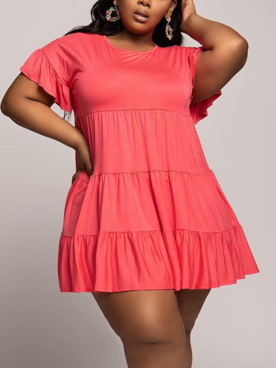 

Lovely Casual O Neck Flounce Design Red Mini A Line Plus Size Dress