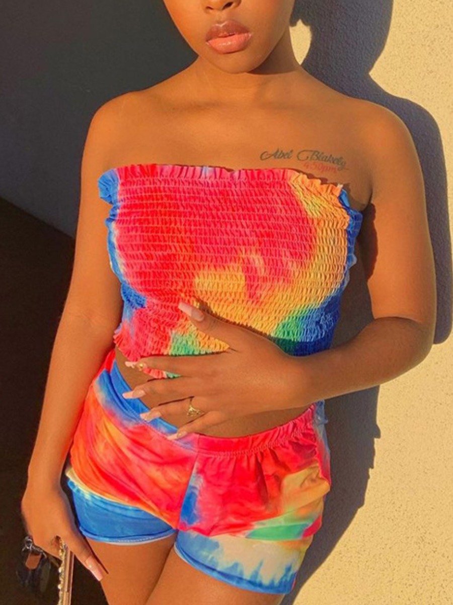 

Lovely Casual Off The Shoulder Tie Dye Ruched Multicolor Two Piece Shorts Set, Multi